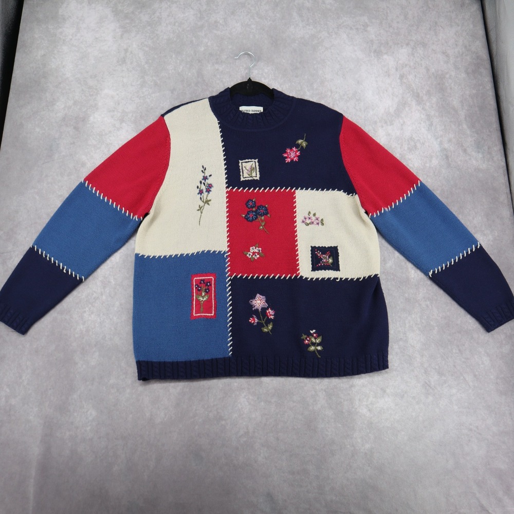 Vintage Alfred Dunner Sweater Patchwork Floral Knit Women's XL Grandmacore 90s